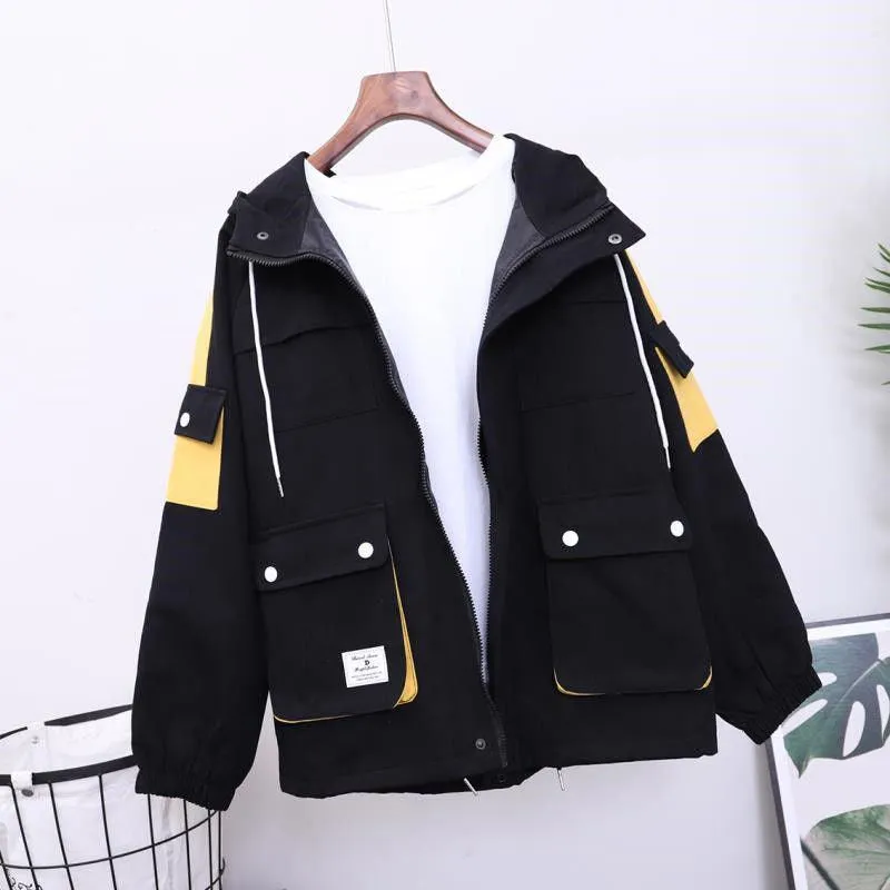 Loose Hooded Color Matching Workwear Ins Jacket