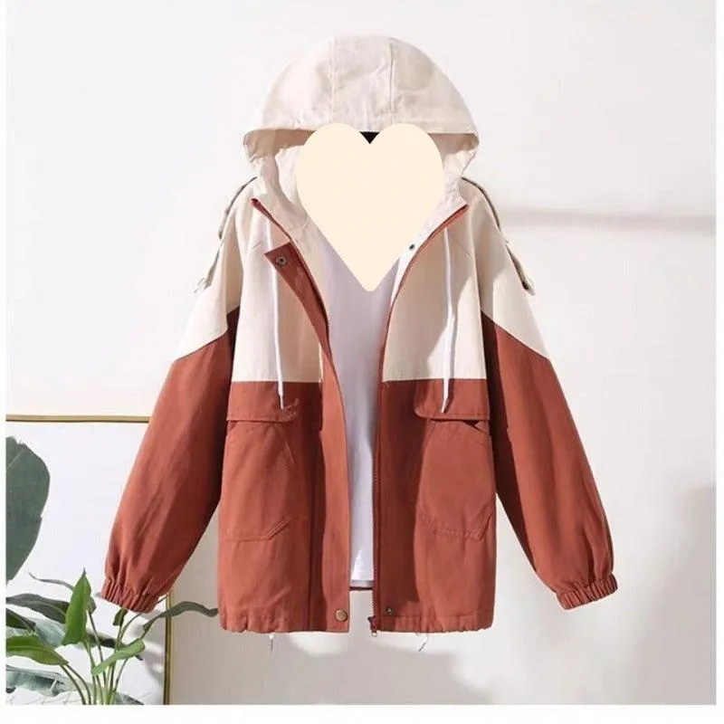 Loose Hooded Color Matching Workwear Ins Jacket