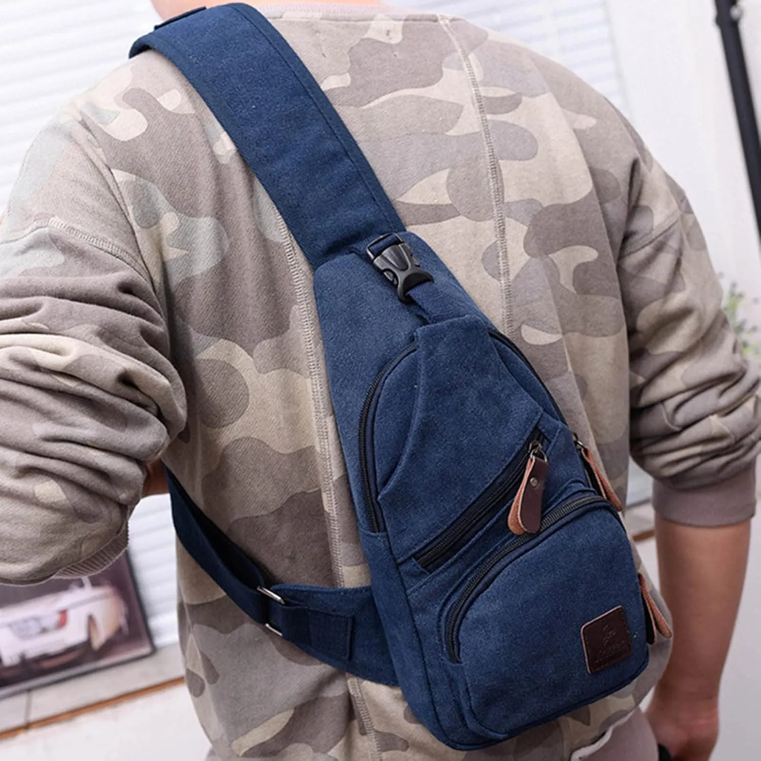 Men Messenger Bag Fashion Outdoor Canvas Chest Bag Bike Functional Pocket Travel Backpack Bears (Blue, One Size)