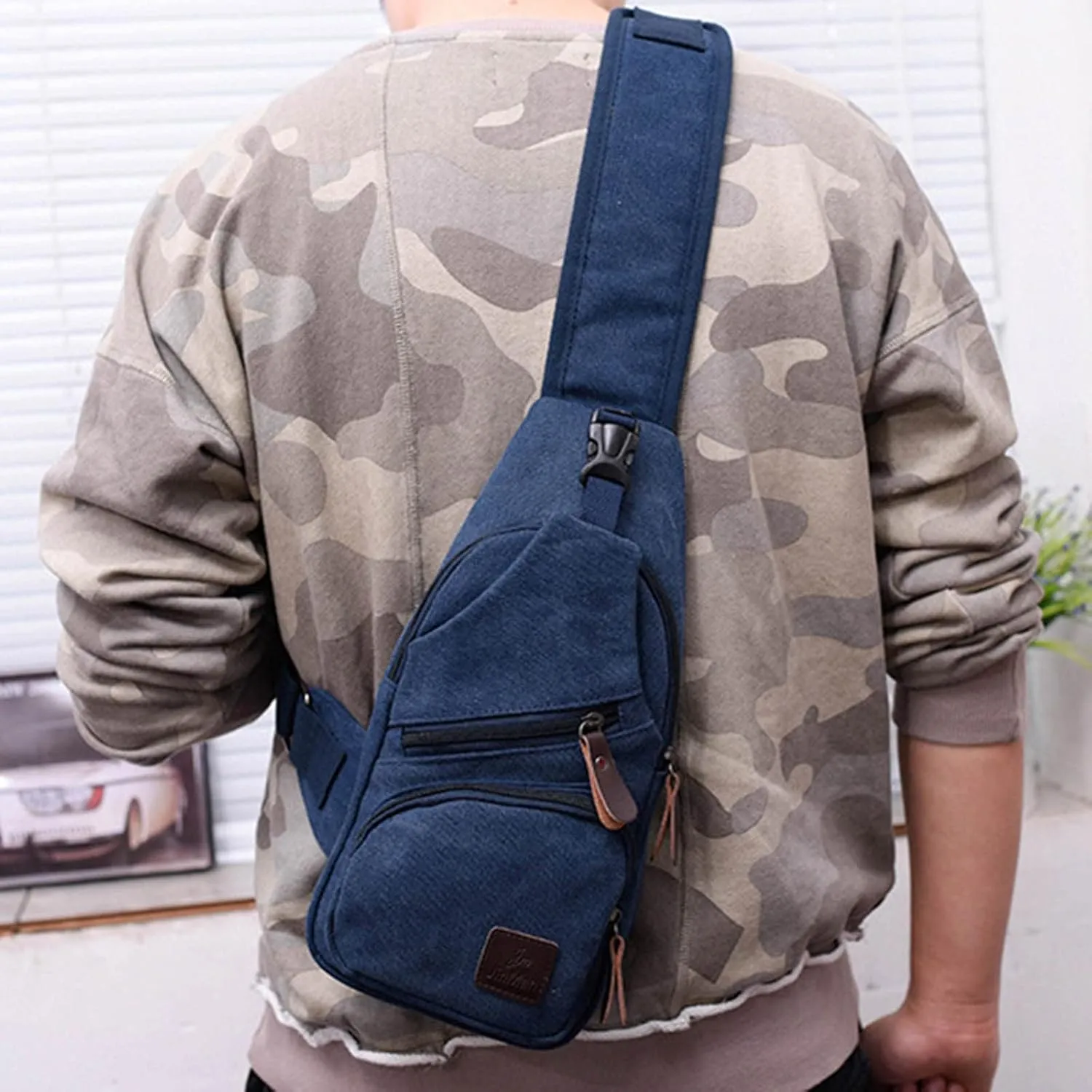 Men Messenger Bag Fashion Outdoor Canvas Chest Bag Bike Functional Pocket Travel Backpack Bears (Blue, One Size)