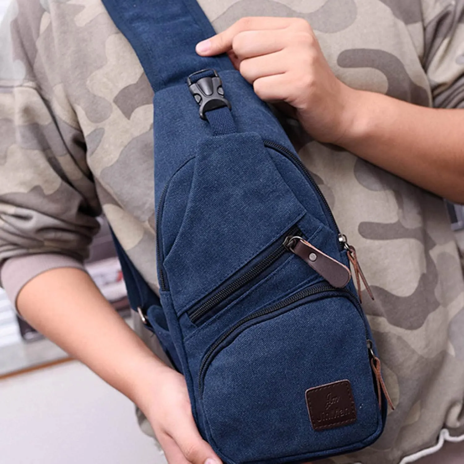 Men Messenger Bag Fashion Outdoor Canvas Chest Bag Bike Functional Pocket Travel Backpack Bears (Blue, One Size)