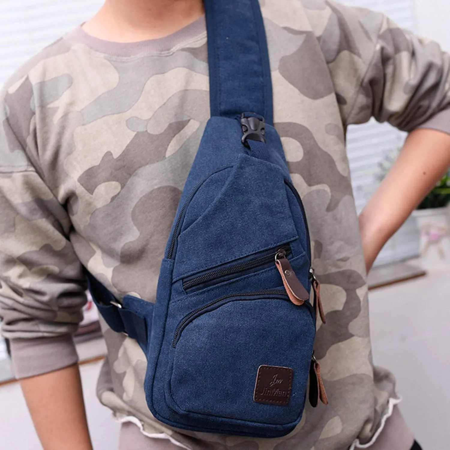 Men Messenger Bag Fashion Outdoor Canvas Chest Bag Bike Functional Pocket Travel Backpack Bears (Blue, One Size)