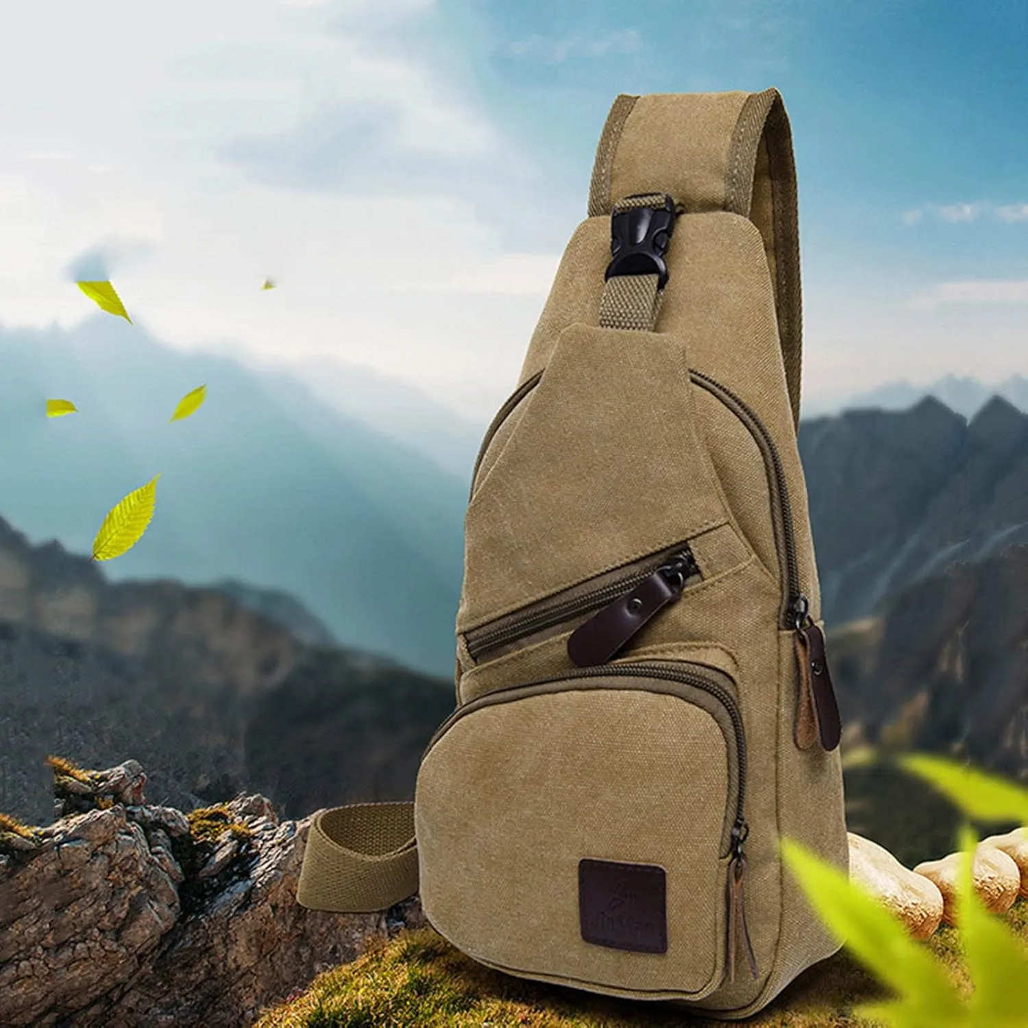 Men Messenger Bags Fashion Outdoor Canvas Chest Bags Bike Functional Pocket Travel Backpack Bears (Khaki, One Size)