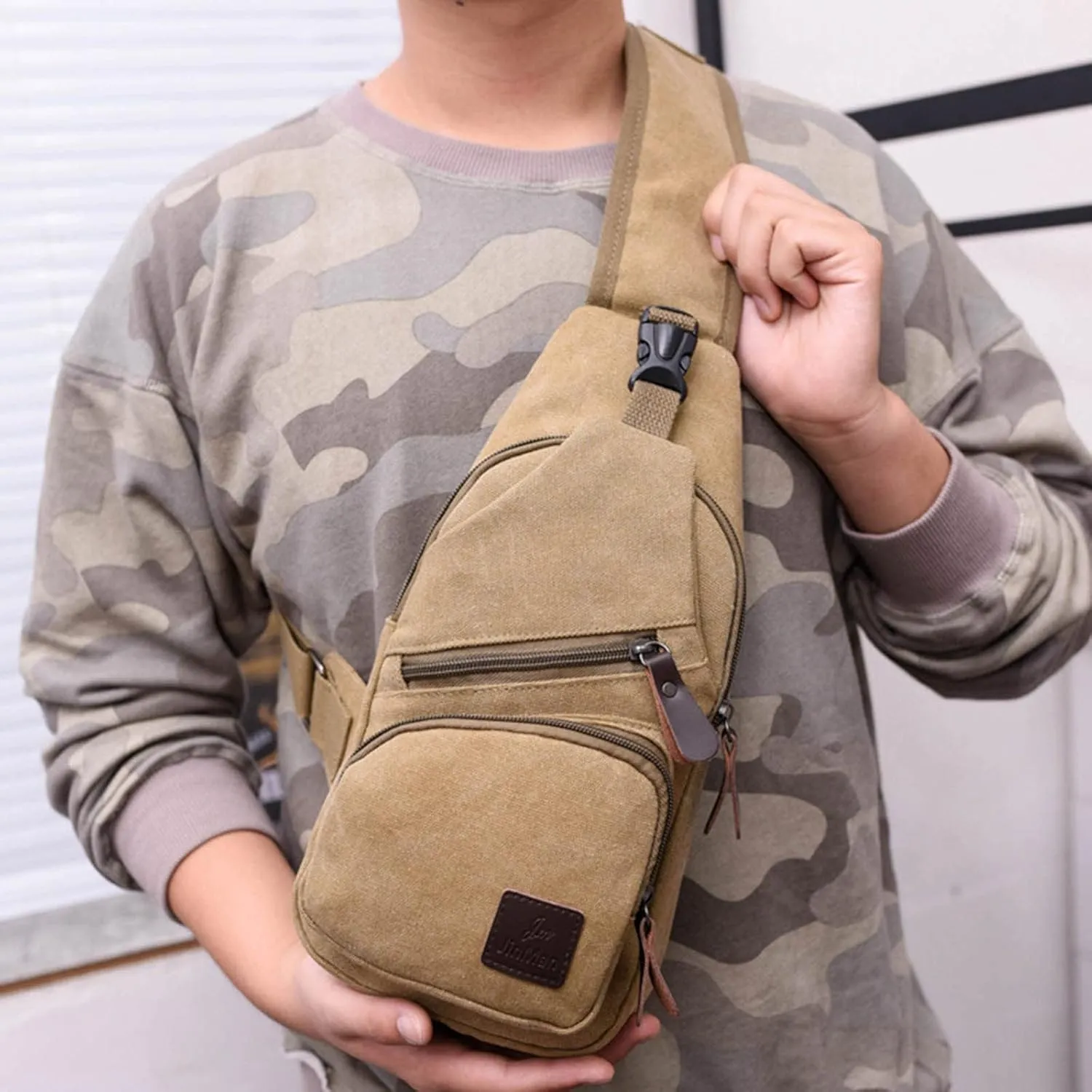 Men Messenger Bags Fashion Outdoor Canvas Chest Bags Bike Functional Pocket Travel Backpack Bears (Khaki, One Size)