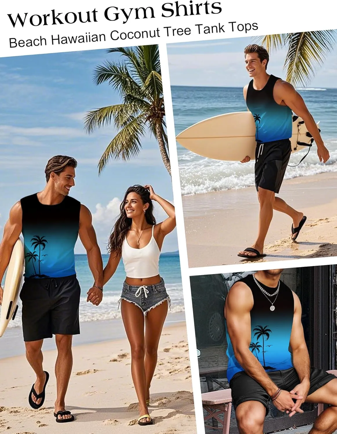 Mens Graphic Tank Tops Workout Sleeveless Shirts Hawaiian Palm Tree Vacation Tanks for Men Summer Beach T-Shirt