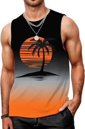 Mens Graphic Tank Tops Workout Sleeveless Shirts Hawaiian Palm Tree Vacation Tanks for Men Summer Beach T-Shirt
