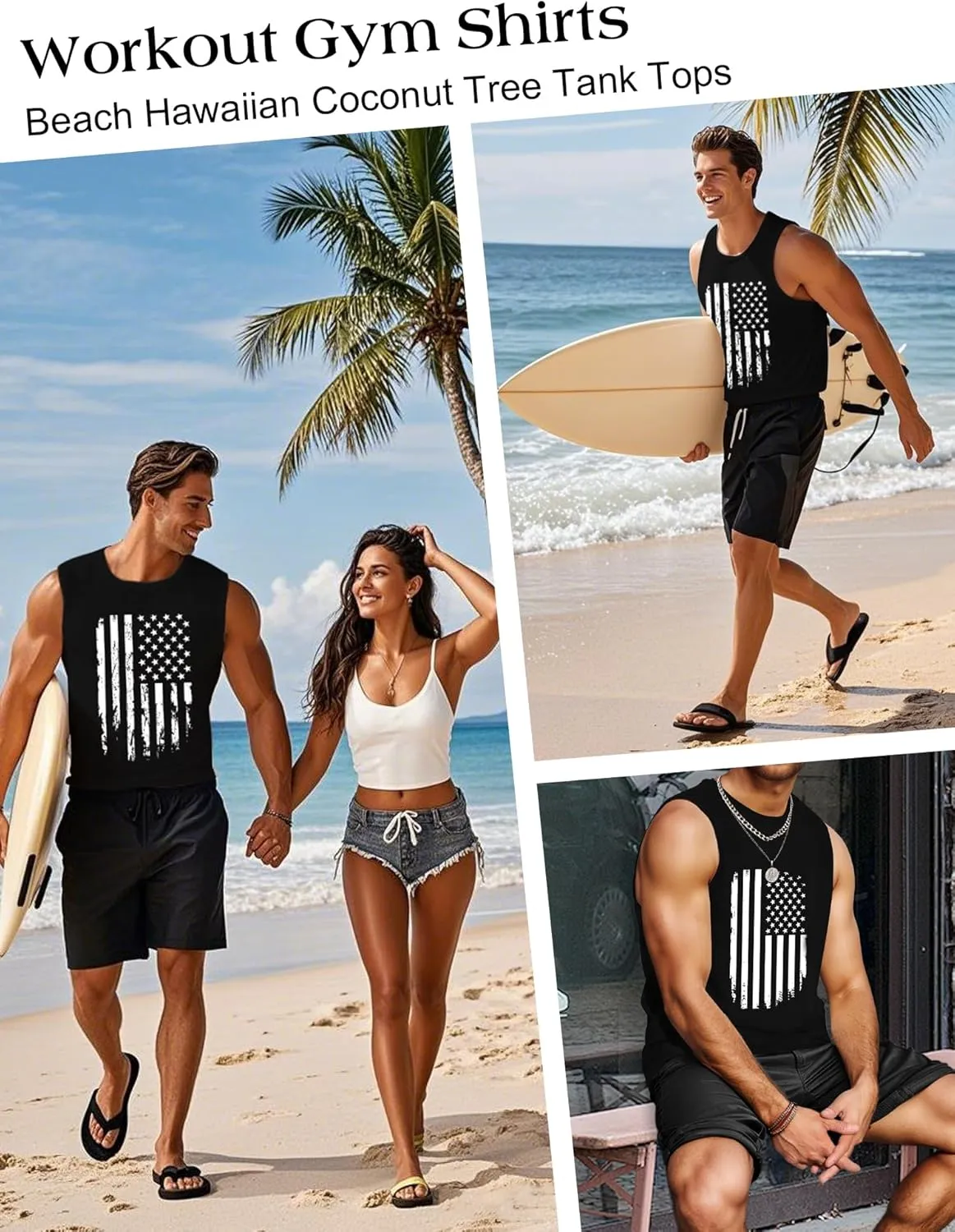 Mens Graphic Tank Tops Workout Sleeveless Shirts Hawaiian Palm Tree Vacation Tanks for Men Summer Beach T-Shirt