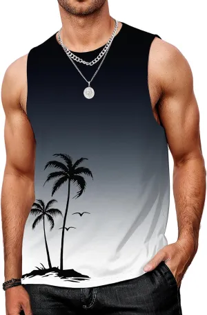Mens Graphic Tank Tops Workout Sleeveless Shirts Hawaiian Palm Tree Vacation Tanks for Men Summer Beach T-Shirt