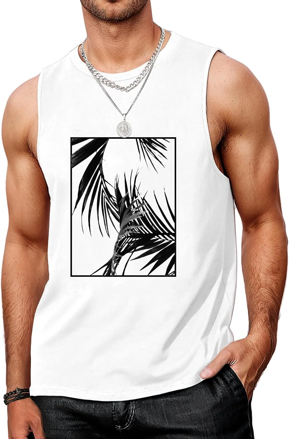 Mens Graphic Tank Tops Workout Sleeveless Shirts Hawaiian Palm Tree Vacation Tanks for Men Summer Beach T-Shirt