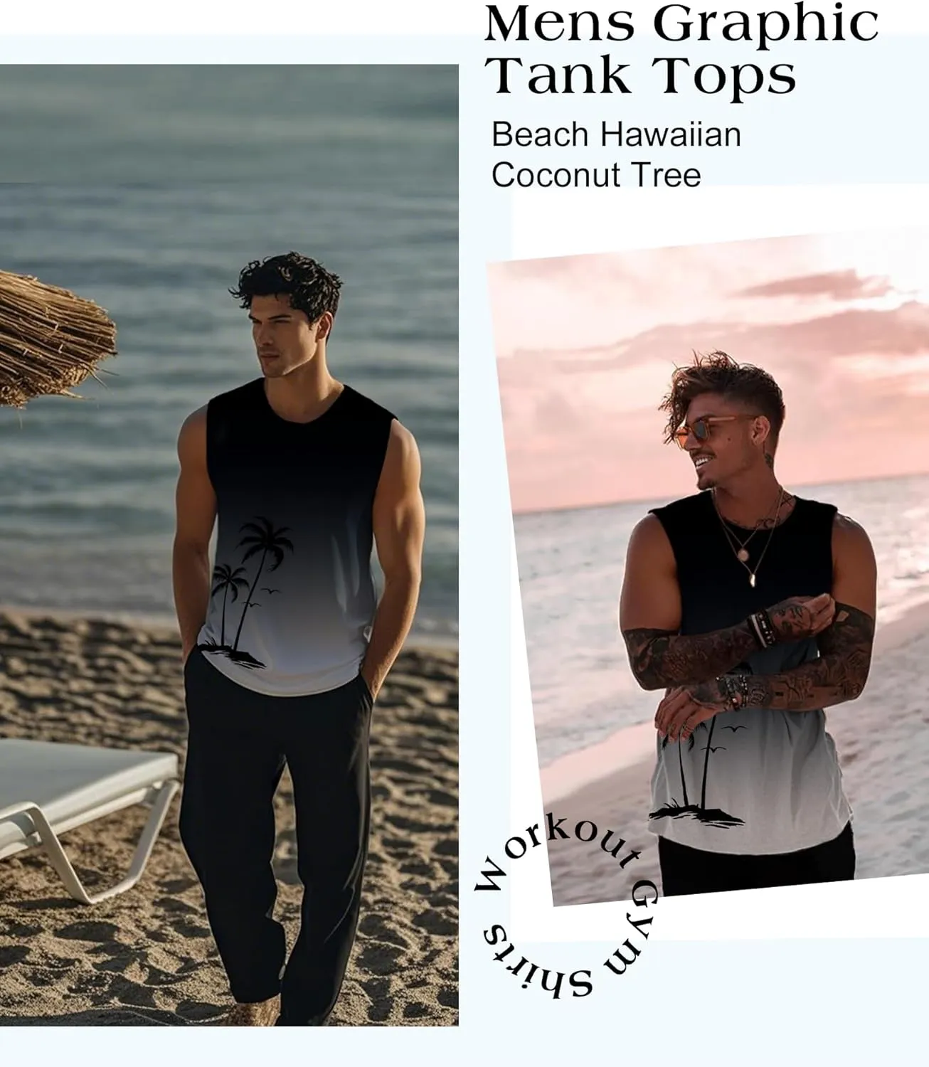 Mens Graphic Tank Tops Workout Sleeveless Shirts Hawaiian Palm Tree Vacation Tanks for Men Summer Beach T-Shirt