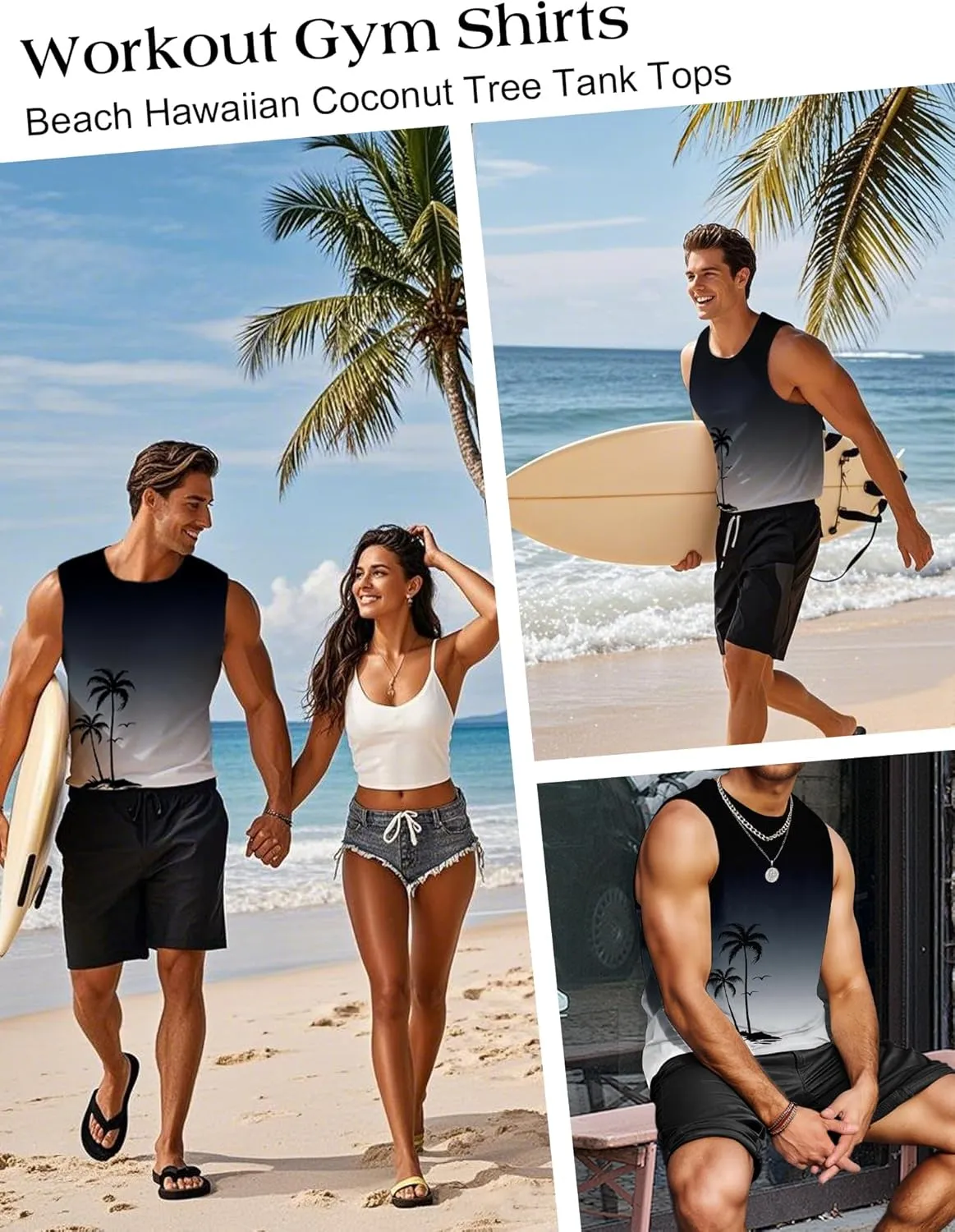 Mens Graphic Tank Tops Workout Sleeveless Shirts Hawaiian Palm Tree Vacation Tanks for Men Summer Beach T-Shirt