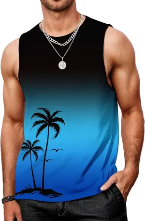 Mens Graphic Tank Tops Workout Sleeveless Shirts Hawaiian Palm Tree Vacation Tanks for Men Summer Beach T-Shirt