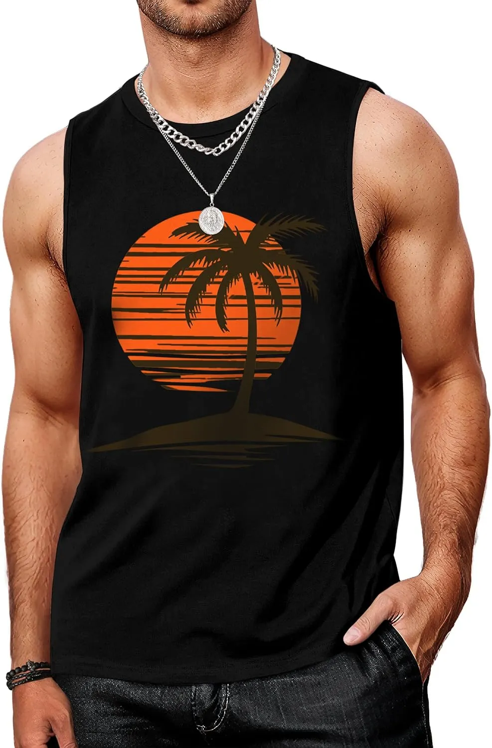 Mens Graphic Tank Tops Workout Sleeveless Shirts Hawaiian Palm Tree Vacation Tanks for Men Summer Beach T-Shirt
