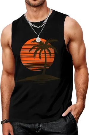 Mens Graphic Tank Tops Workout Sleeveless Shirts Hawaiian Palm Tree Vacation Tanks for Men Summer Beach T-Shirt