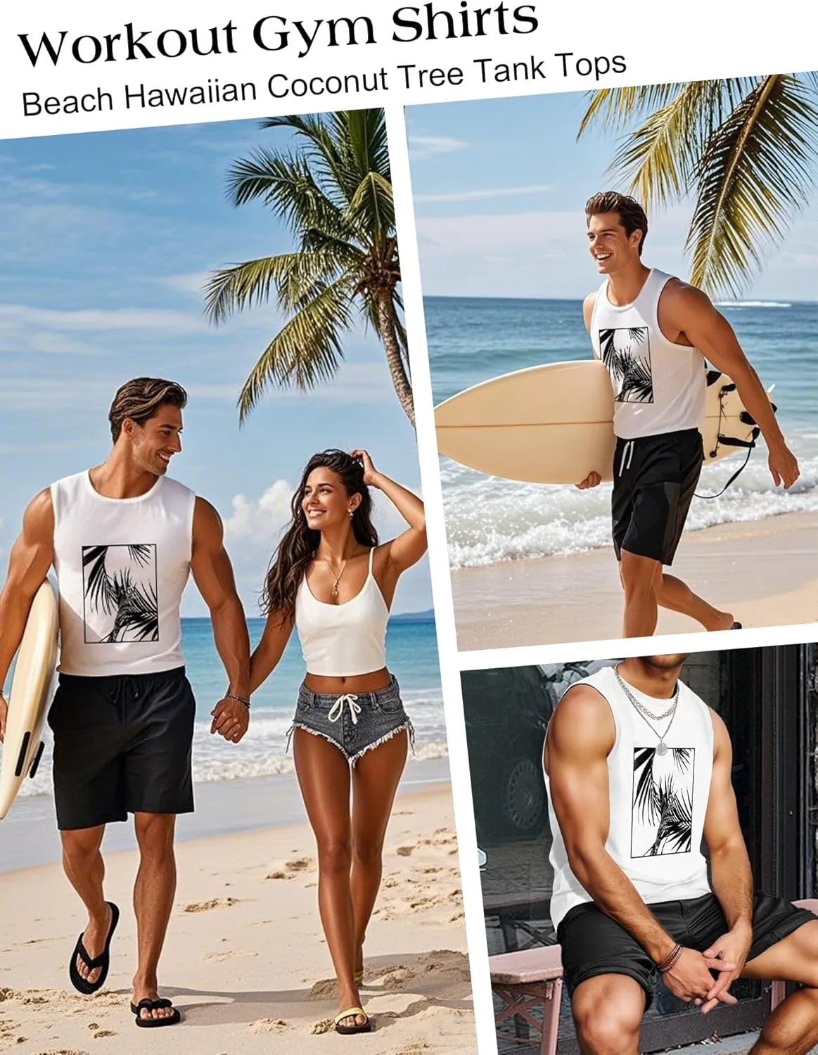 Mens Graphic Tank Tops Workout Sleeveless Shirts Hawaiian Palm Tree Vacation Tanks for Men Summer Beach T-Shirt