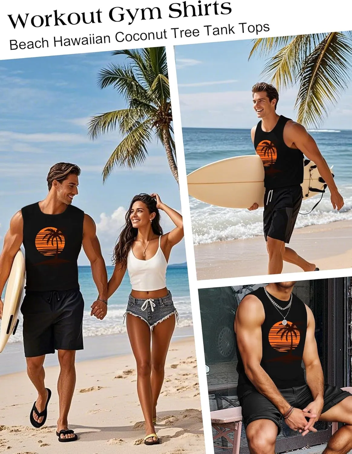 Mens Graphic Tank Tops Workout Sleeveless Shirts Hawaiian Palm Tree Vacation Tanks for Men Summer Beach T-Shirt