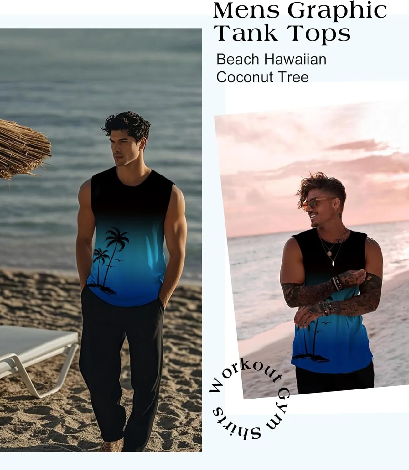 Mens Graphic Tank Tops Workout Sleeveless Shirts Hawaiian Palm Tree Vacation Tanks for Men Summer Beach T-Shirt