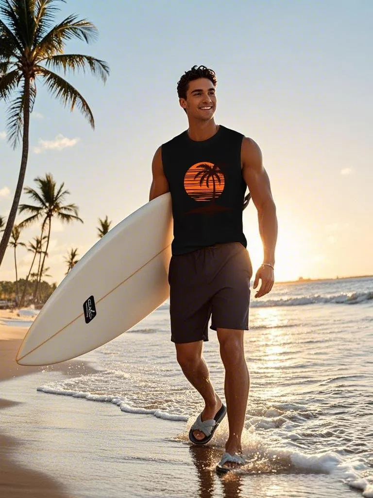 Mens Graphic Tank Tops Workout Sleeveless Shirts Hawaiian Palm Tree Vacation Tanks for Men Summer Beach T-Shirt