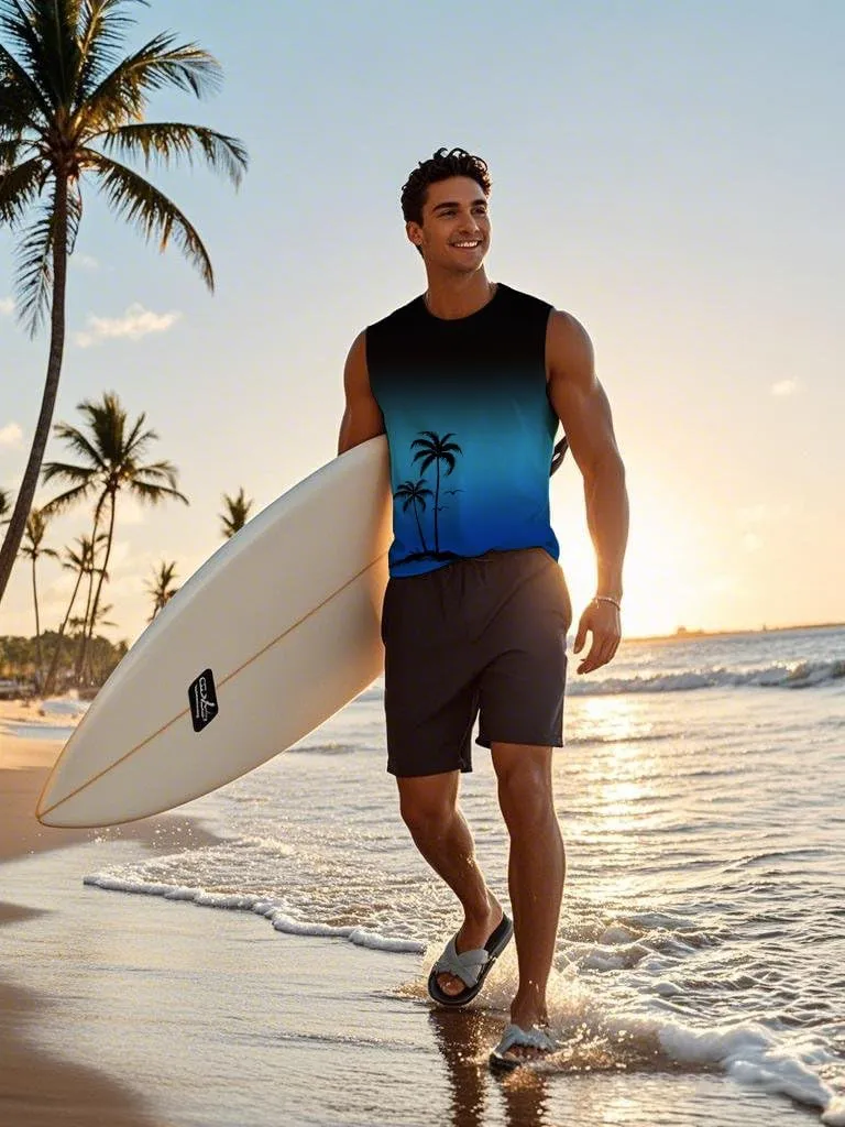 Mens Graphic Tank Tops Workout Sleeveless Shirts Hawaiian Palm Tree Vacation Tanks for Men Summer Beach T-Shirt
