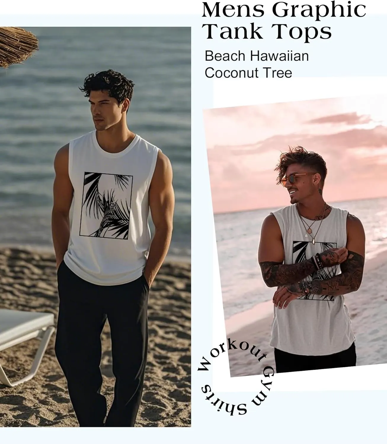 Mens Graphic Tank Tops Workout Sleeveless Shirts Hawaiian Palm Tree Vacation Tanks for Men Summer Beach T-Shirt