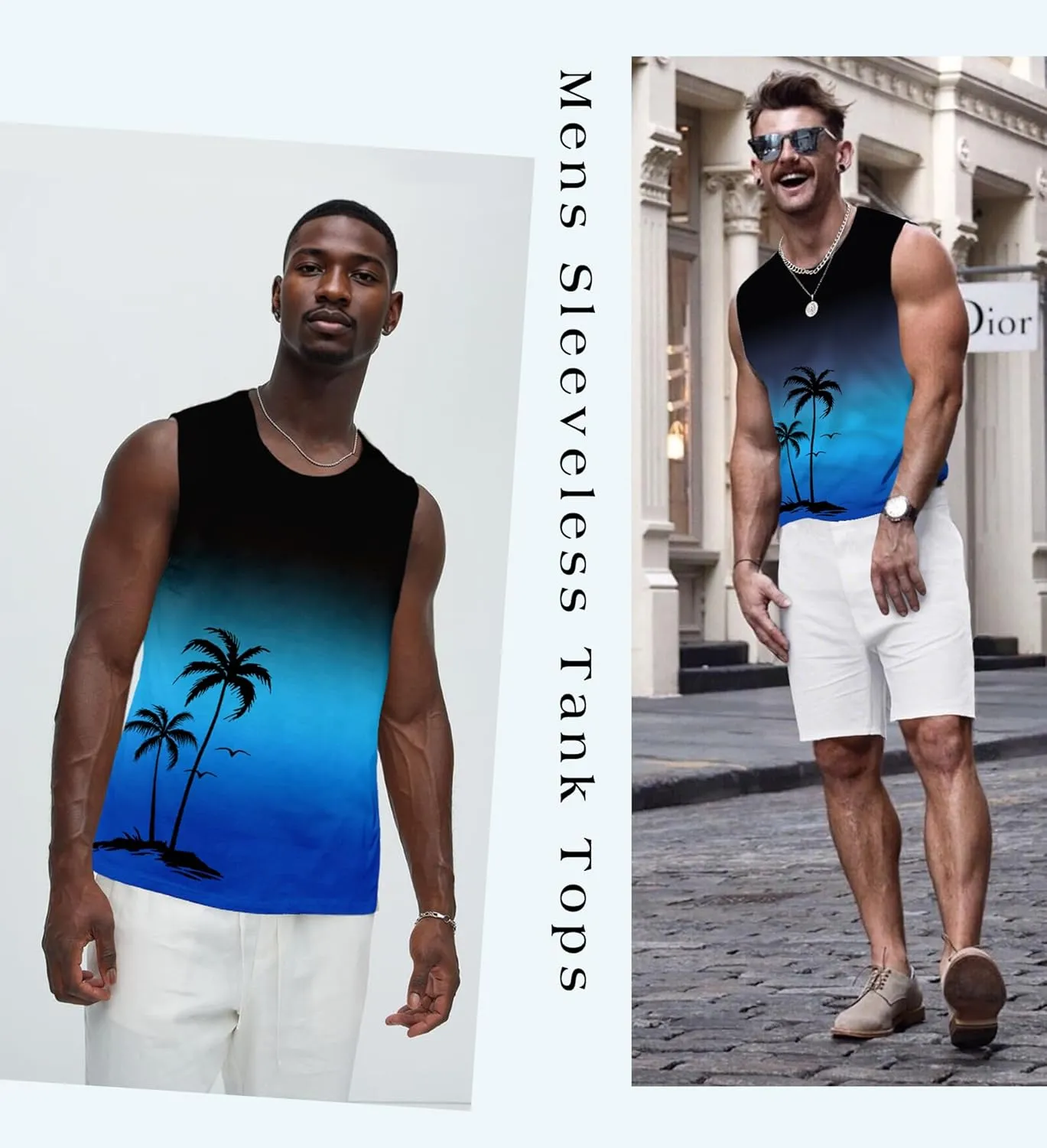 Mens Graphic Tank Tops Workout Sleeveless Shirts Hawaiian Palm Tree Vacation Tanks for Men Summer Beach T-Shirt