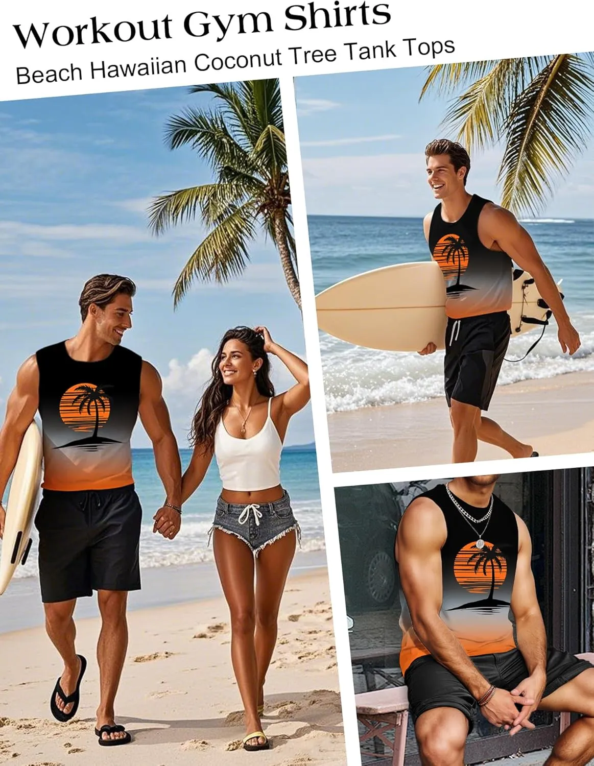 Mens Graphic Tank Tops Workout Sleeveless Shirts Hawaiian Palm Tree Vacation Tanks for Men Summer Beach T-Shirt