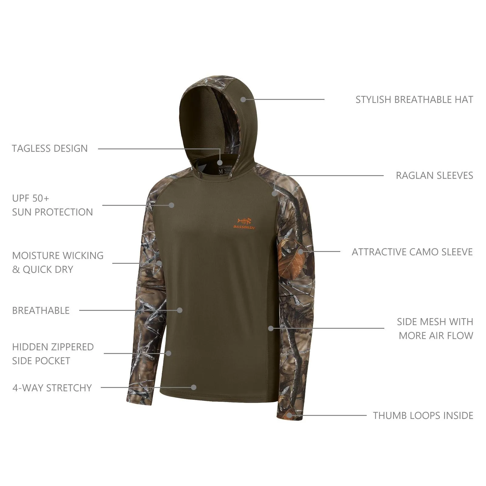 Men’s UPF 50  Long Sleeve Fishing Hoodie  FS17M New
