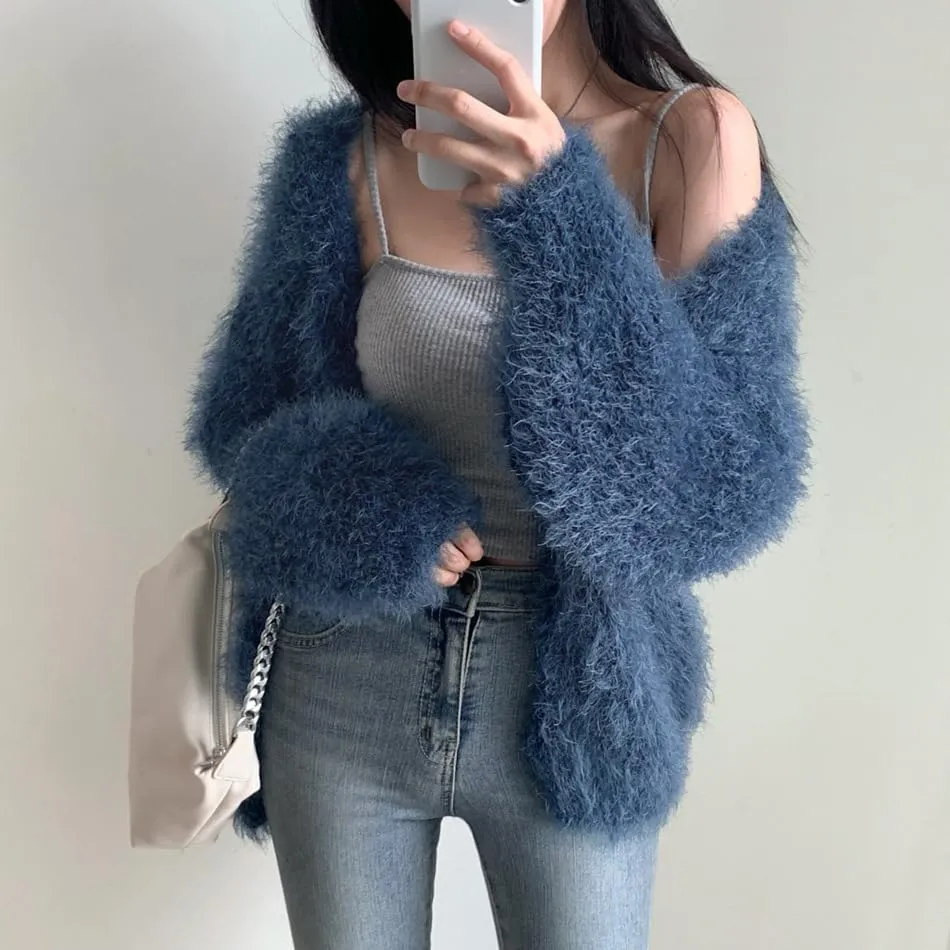 Mohair Cardigan for Women - Fuzzy Open Front Oversized Faux Fur Coquette Sweater