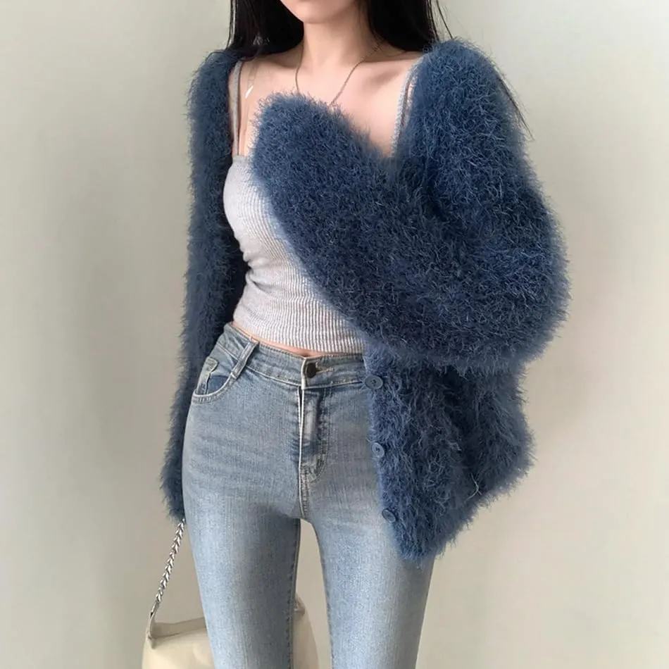 Mohair Cardigan for Women - Fuzzy Open Front Oversized Faux Fur Coquette Sweater