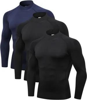 Odoland Mens 3 Pack Compression Long Sleeve Shirts, Athletic Workout Shirts, Sports Undershirt Quick Dry Base Layer Top