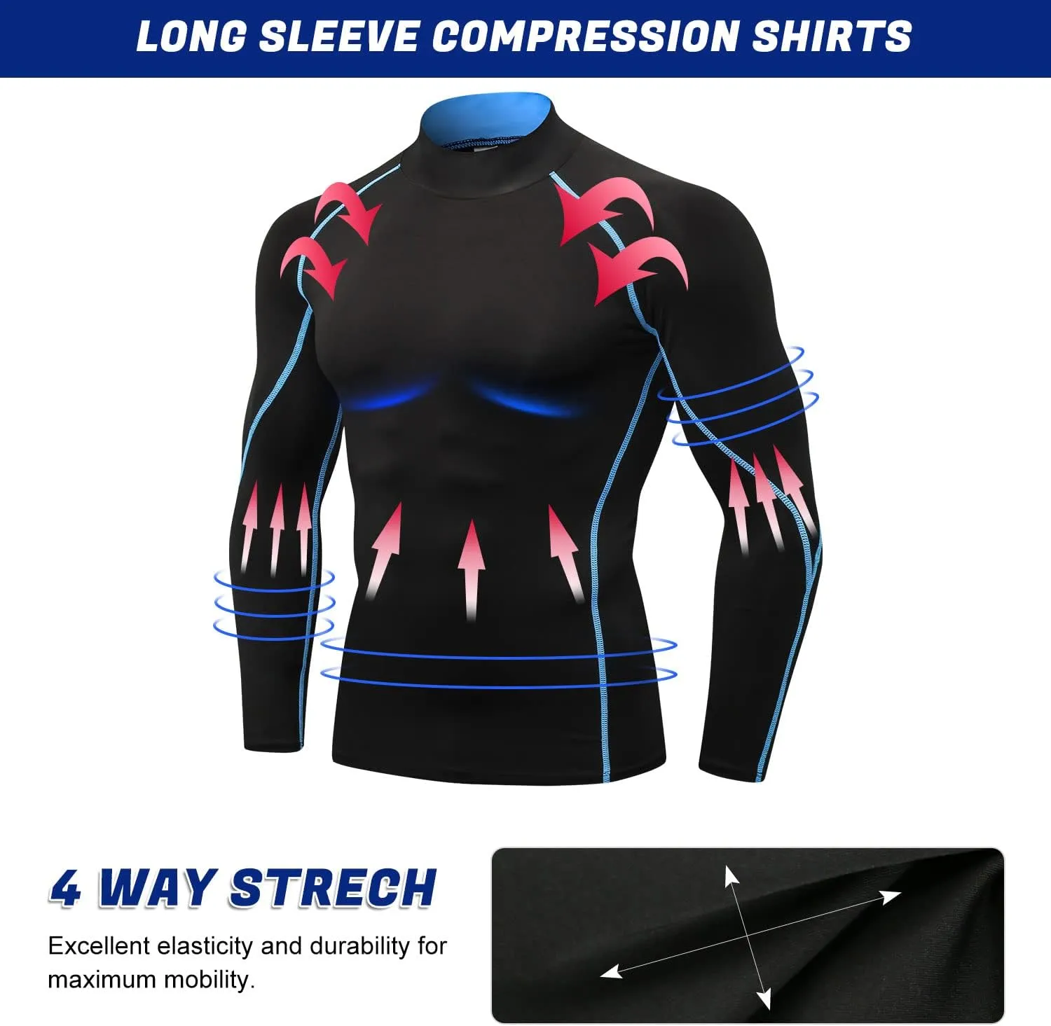 Odoland Mens 3 Pack Compression Long Sleeve Shirts, Athletic Workout Shirts, Sports Undershirt Quick Dry Base Layer Top