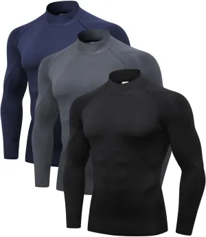 Odoland Mens 3 Pack Compression Long Sleeve Shirts, Athletic Workout Shirts, Sports Undershirt Quick Dry Base Layer Top