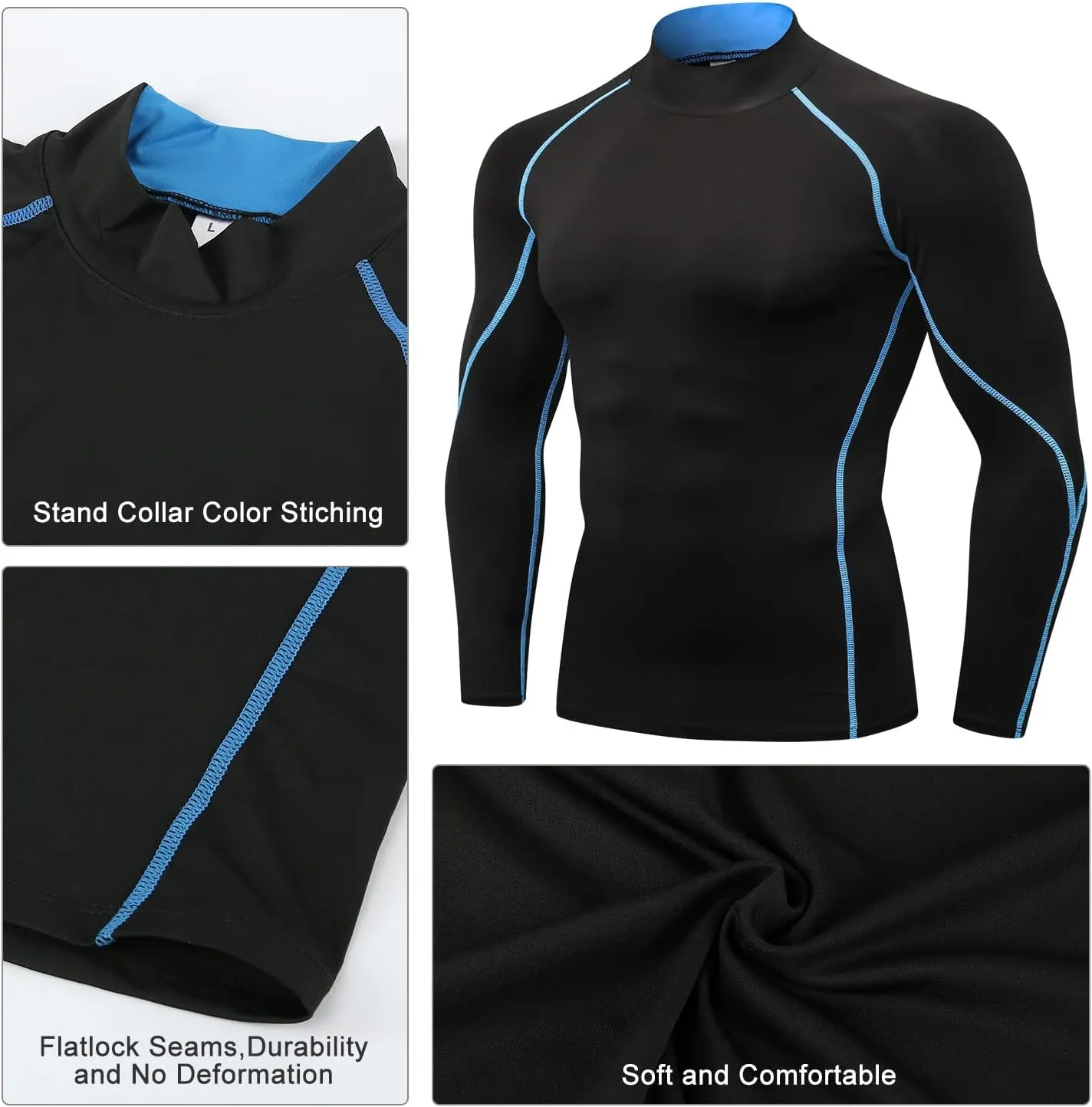 Odoland Mens 3 Pack Compression Long Sleeve Shirts, Athletic Workout Shirts, Sports Undershirt Quick Dry Base Layer Top