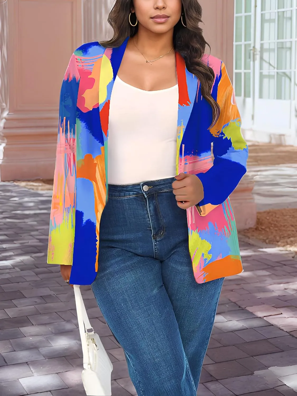 Plus Size Blazers for Curvy Women Sexy Trendy Colorful Oversize Graphic Open Front Jackets
