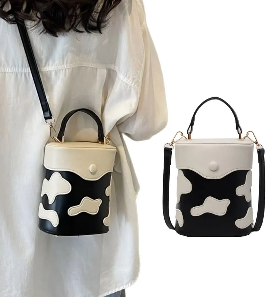 PU Leather Shoulder Crossbody Bucket Bag Contrast Color Milk Pattern Functional Handbag Purse for Everyday Carry