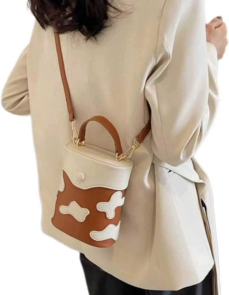 PU Leather Shoulder Crossbody Bucket Bag Contrast Color Milk Pattern Functional Handbag Purse for Everyday Carry
