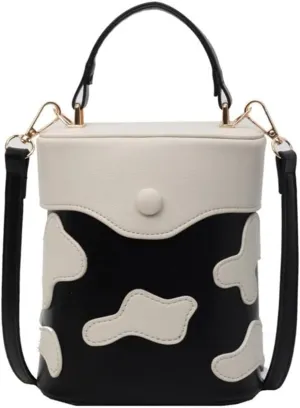 PU Leather Shoulder Crossbody Bucket Bag Contrast Color Milk Pattern Functional Handbag Purse for Everyday Carry