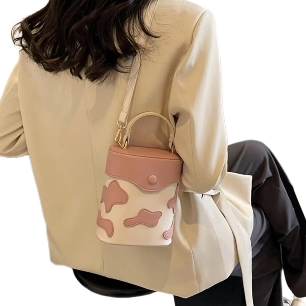 PU Leather Shoulder Crossbody Bucket Bag Contrast Color Milk Pattern Functional Handbag Purse for Everyday Carry