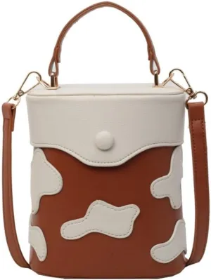 PU Leather Shoulder Crossbody Bucket Bag Contrast Color Milk Pattern Functional Handbag Purse for Everyday Carry