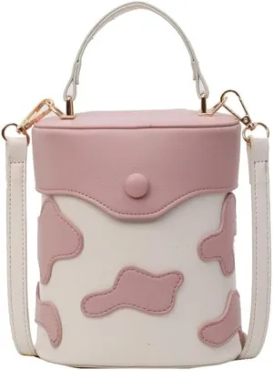 PU Leather Shoulder Crossbody Bucket Bag Contrast Color Milk Pattern Functional Handbag Purse for Everyday Carry