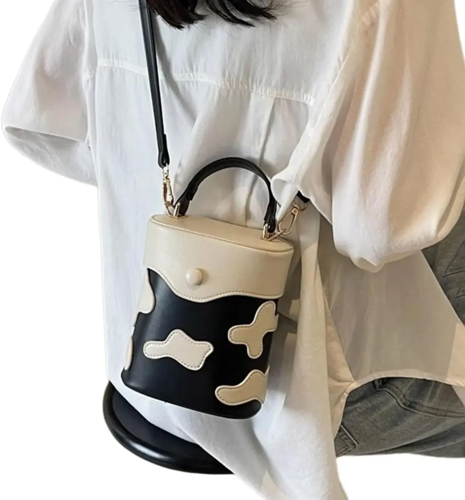PU Leather Shoulder Crossbody Bucket Bag Contrast Color Milk Pattern Functional Handbag Purse for Everyday Carry