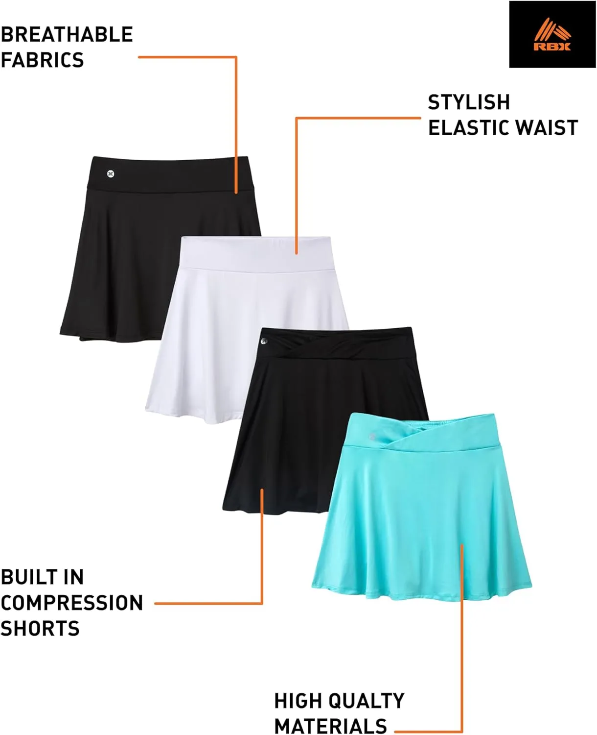 RBX Skorts for Girls - 4 Pack Pleated Athletic Tennis Skirts with Built-in Bike Shorts - Golf Outfits, School Uniform (7-16)