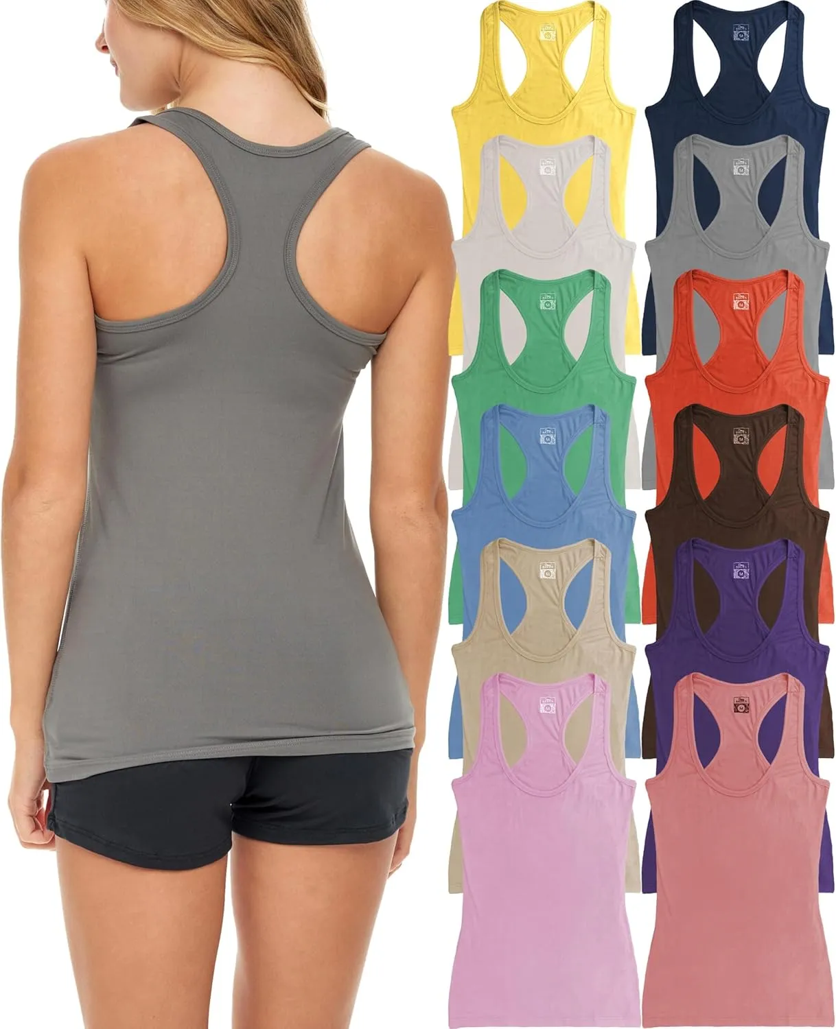 Sexy Basics Women's 12 Pack Racer Back Tank Tops/Cotton -Spandex Stretch Color Tanks