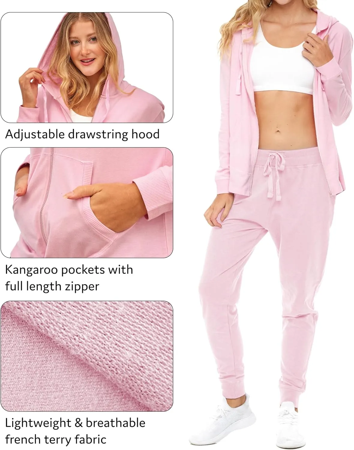 Sexy Basics Women's French Terry Fleece Full-Zip Hoodie | All Season Cotton Knit Jacket | Multi Packs & Colors