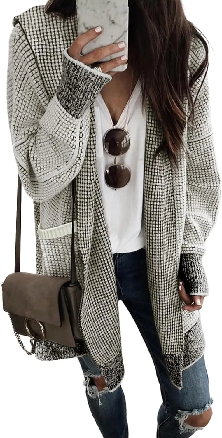 Sidefeel Women's Cardigan Sweaters Hooded Oversized Open Front Chunky Knit Plaid Sweater Coat Fall Fashion Tops