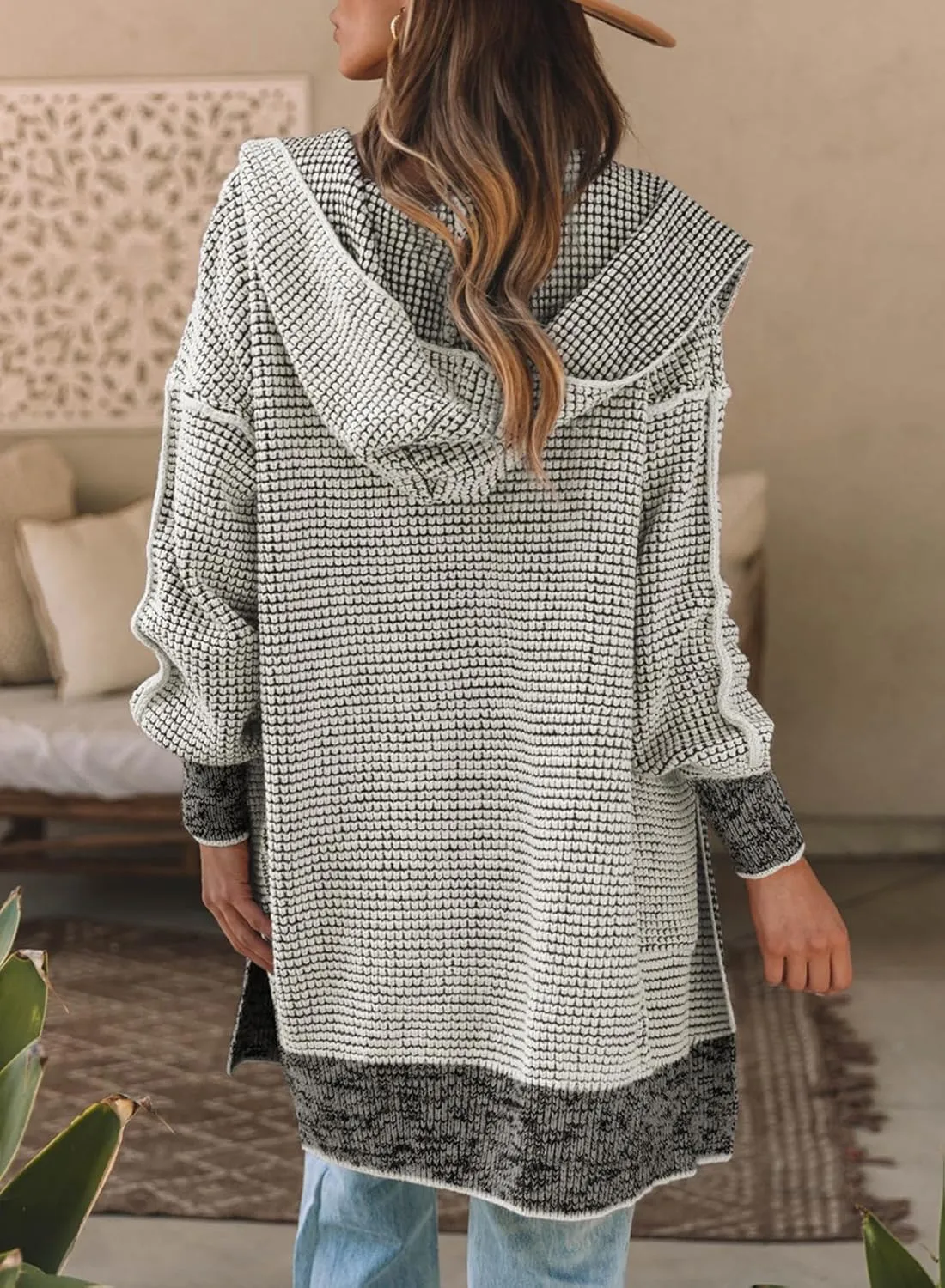 Sidefeel Women's Cardigan Sweaters Hooded Oversized Open Front Chunky Knit Plaid Sweater Coat Fall Fashion Tops
