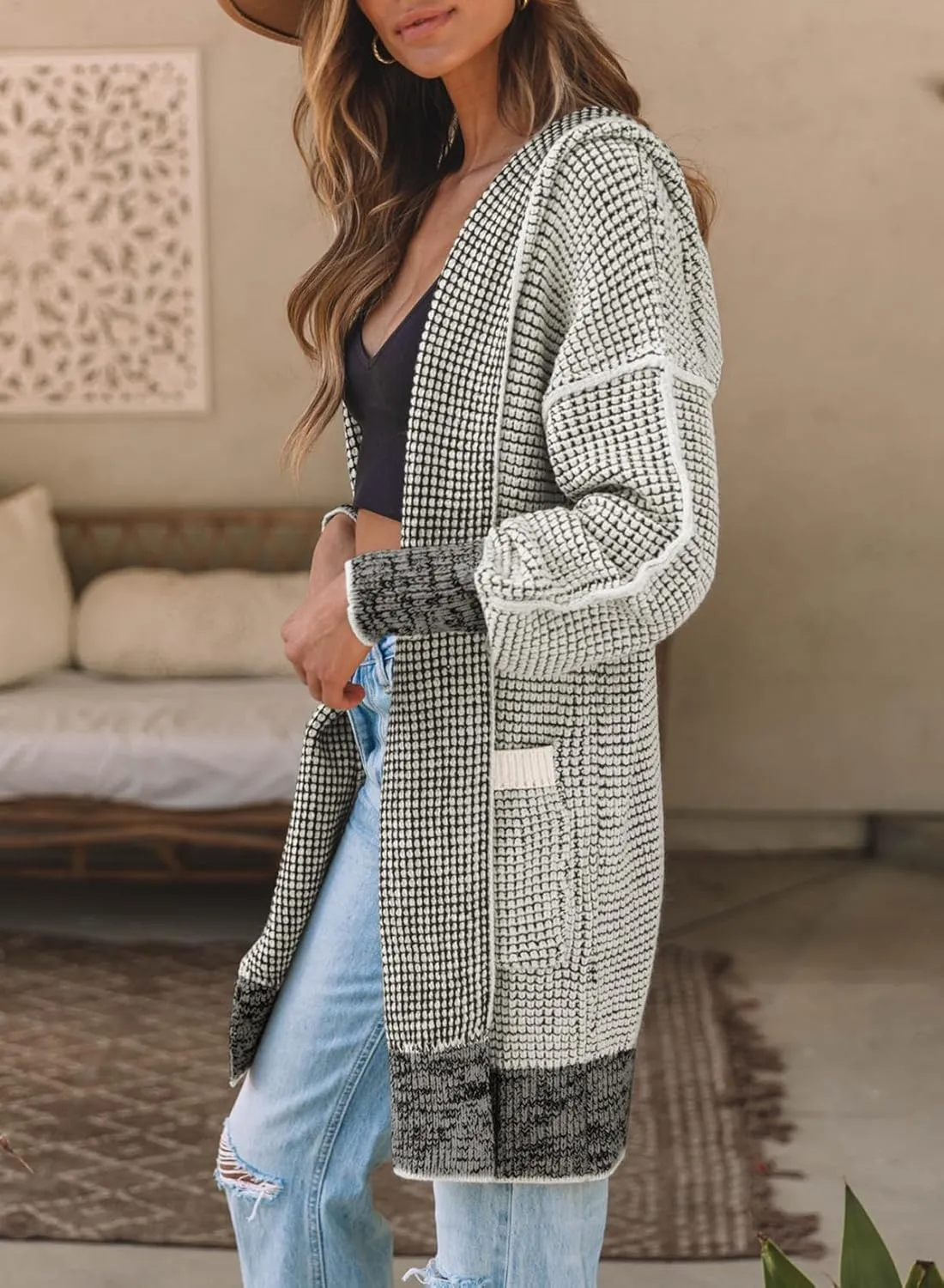 Sidefeel Women's Cardigan Sweaters Hooded Oversized Open Front Chunky Knit Plaid Sweater Coat Fall Fashion Tops