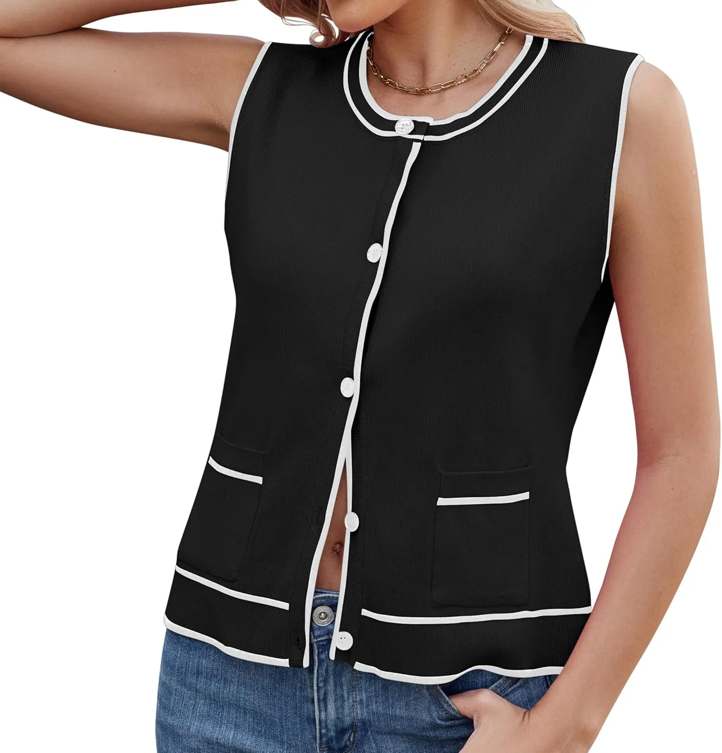 Sleeveless Button Down Vest Short Cardigans for Ladies Sweater with Pockets