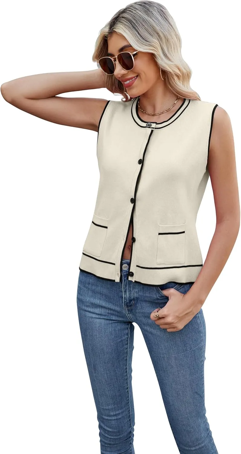 Sleeveless Button Down Vest Short Cardigans for Ladies Sweater with Pockets