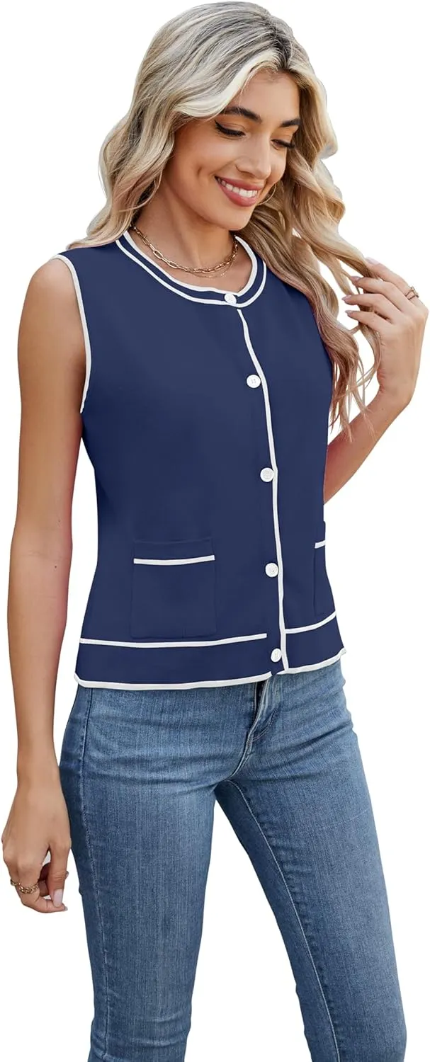 Sleeveless Button Down Vest Short Cardigans for Ladies Sweater with Pockets